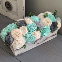 Ready to Ship - Whitewash Electric Current Burned Centerpiece Box with Mint, Charcoal, Light Gray, and Ivory Flowers with Spiral Eucalyptus