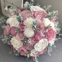 Pinkish Mauve, Dusty Rose, and Ivory Bouquet with Baby's Breath and Greenery