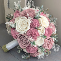 Pinkish Mauve, Dusty Rose, and Ivory Bouquet with Baby's Breath and Greenery