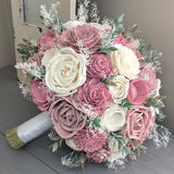 Pinkish Mauve, Dusty Rose, and Ivory Bouquet with Baby's Breath and Greenery