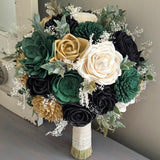 Black, Dark Green, Dark Gold, and Ivory Bouquet with Baby's Breath and Greenery