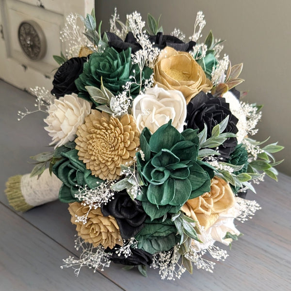 Black, Dark Green, Dark Gold, and Ivory Bouquet with Baby's Breath and Greenery