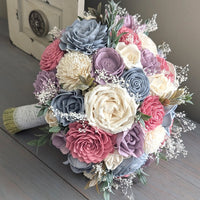 Pinkish Mauve, Dusty Blue, Lilac, and Ivory Bouquet with Baby's Breath and Greenery