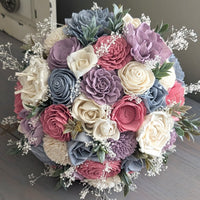 Pinkish Mauve, Dusty Blue, Lilac, and Ivory Bouquet with Baby's Breath and Greenery