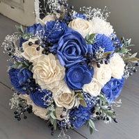 Royal Blue and Ivory Bouquet with Berries, Baby's Breath, and Greenery