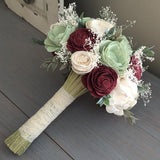 Burgundy, Sage, and Ivory Bouquet with Baby's Breath and Greenery