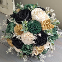 Black, Dark Green, Dark Gold, and Ivory Bouquet with Baby's Breath and Greenery
