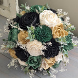 Black, Dark Green, Dark Gold, and Ivory Bouquet with Baby's Breath and Greenery