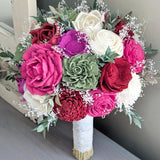 Magenta, Olive, Wine, Fuschia, and Ivory Bouquet with Baby's Breath and Greenery