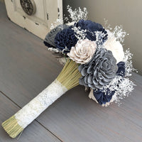 Ready to Ship - Navy, Charcoal, and White Bouquet with Baby's Breath