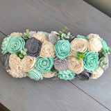 Ready to Ship - Whitewash Electric Current Burned Centerpiece Box with Mint, Charcoal, Light Gray, and Ivory Flowers with Spiral Eucalyptus