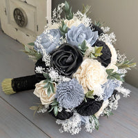 Dusty Blue, Black, and Ivory Bouquet with Baby's Breath and Greenery
