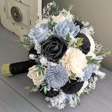 Dusty Blue, Black, and Ivory Bouquet with Baby's Breath and Greenery
