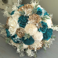 Turkish Blue, Natural, and Ivory Bouquet with Baby's Breath and Greenery
