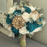 Turkish Blue, Natural, and Ivory Bouquet with Baby's Breath and Greenery