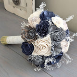 Ready to Ship - Navy, Charcoal, and White Bouquet with Baby's Breath