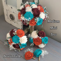 Burnt Orange, Burgundy, Turquoise, and Ivory Bouquet with Baby's Breath and Greenery