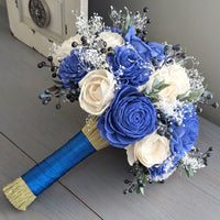 Royal Blue and Ivory Bouquet with Berries, Baby's Breath, and Greenery