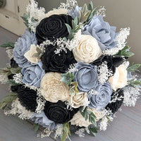 Dusty Blue, Black, and Ivory Bouquet with Baby's Breath and Greenery
