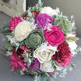 Magenta, Olive, Wine, Fuschia, and Ivory Bouquet with Baby's Breath and Greenery