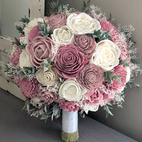 Pinkish Mauve, Dusty Rose, and Ivory Bouquet with Baby's Breath and Greenery