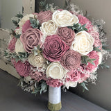 Pinkish Mauve, Dusty Rose, and Ivory Bouquet with Baby's Breath and Greenery