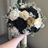 Black and Ivory with Dark Gold Accents Bouquet with Baby's Breath and Greenery