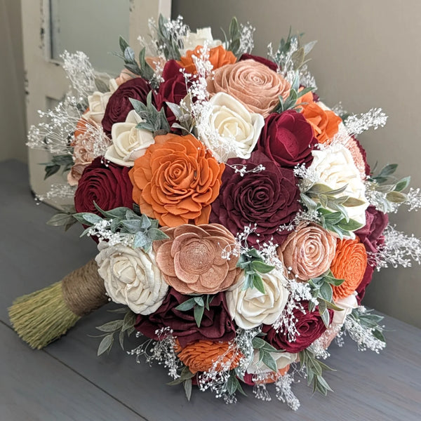 Burgundy, Wine, Terra Cotta, Rose Gold, and Ivory Bouquet with Baby's Breath and Greenery