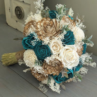 Turkish Blue, Natural, and Ivory Bouquet with Baby's Breath and Greenery