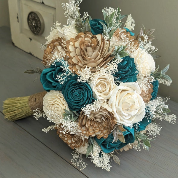 Turkish Blue, Natural, and Ivory Bouquet with Baby's Breath and Greenery