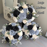 Dusty Blue, Black, and Ivory Bouquet with Baby's Breath and Greenery