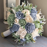 Dusty Blue, Sage, and Ivory Bouquet with Baby's Breath and Greenery