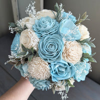 Light Blue and Ivory Bouquet with Baby's Breath and Greenery