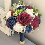 Navy, Burgundy, and Ivory Bouquet with Baby's Breath and Greenery