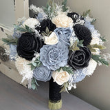 Dusty Blue, Black, and Ivory Bouquet with Baby's Breath and Greenery