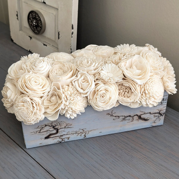 Ready to Ship - Electric Current Burned Centerpiece Box with Ivory Flowers