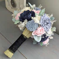 Navy, Blush, Slate, Dusty Blue, and Ivory Bouquet with Lamb's Ear and Baby's Breath