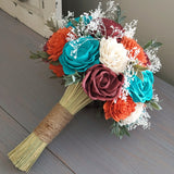 Burnt Orange, Burgundy, Turquoise, and Ivory Bouquet with Baby's Breath and Greenery