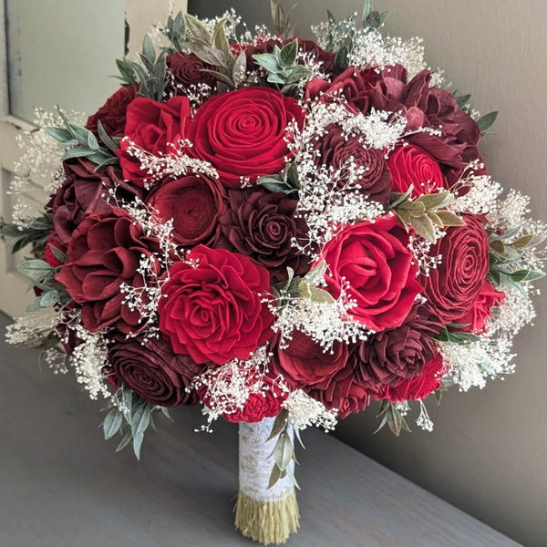 Burgundy, Wine, and Red Bouquet with Baby's Breath and Greenery
