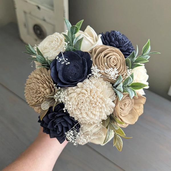 Ready to Ship Navy, Nude, and Ivory Bouquet with Baby's Breath and Greenery