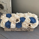 Ready to Ship - Electric Current Burned Centerpiece Box with Steel Blue and Ivory Flowers