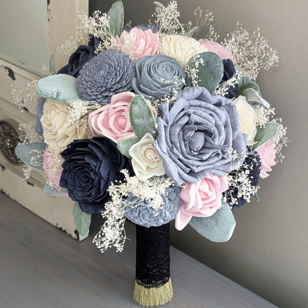 Navy, Blush, Slate, Dusty Blue, and Ivory Bouquet with Lamb's Ear and Baby's Breath