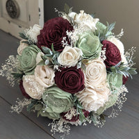 Burgundy, Sage, and Ivory Bouquet with Baby's Breath and Greenery