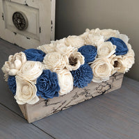 Ready to Ship - Electric Current Burned Centerpiece Box with Steel Blue and Ivory Flowers