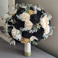 Black and Ivory with Dark Gold Accents Bouquet with Baby's Breath and Greenery