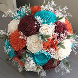 Burnt Orange, Burgundy, Turquoise, and Ivory Bouquet with Baby's Breath and Greenery