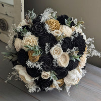 Black and Ivory with Dark Gold Accents Bouquet with Baby's Breath and Greenery