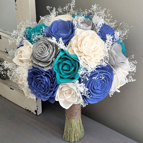 Royal Blue, Turquoise, Light Gray, and Ivory Bouquet with Baby's Breath