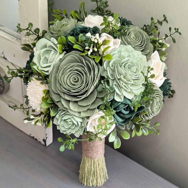 Dark Green, Olive, Sage, and Ivory Bouquet with Mixed Greenery