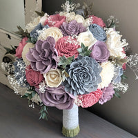 Pinkish Mauve, Dusty Blue, Lilac, and Ivory Bouquet with Baby's Breath and Greenery
